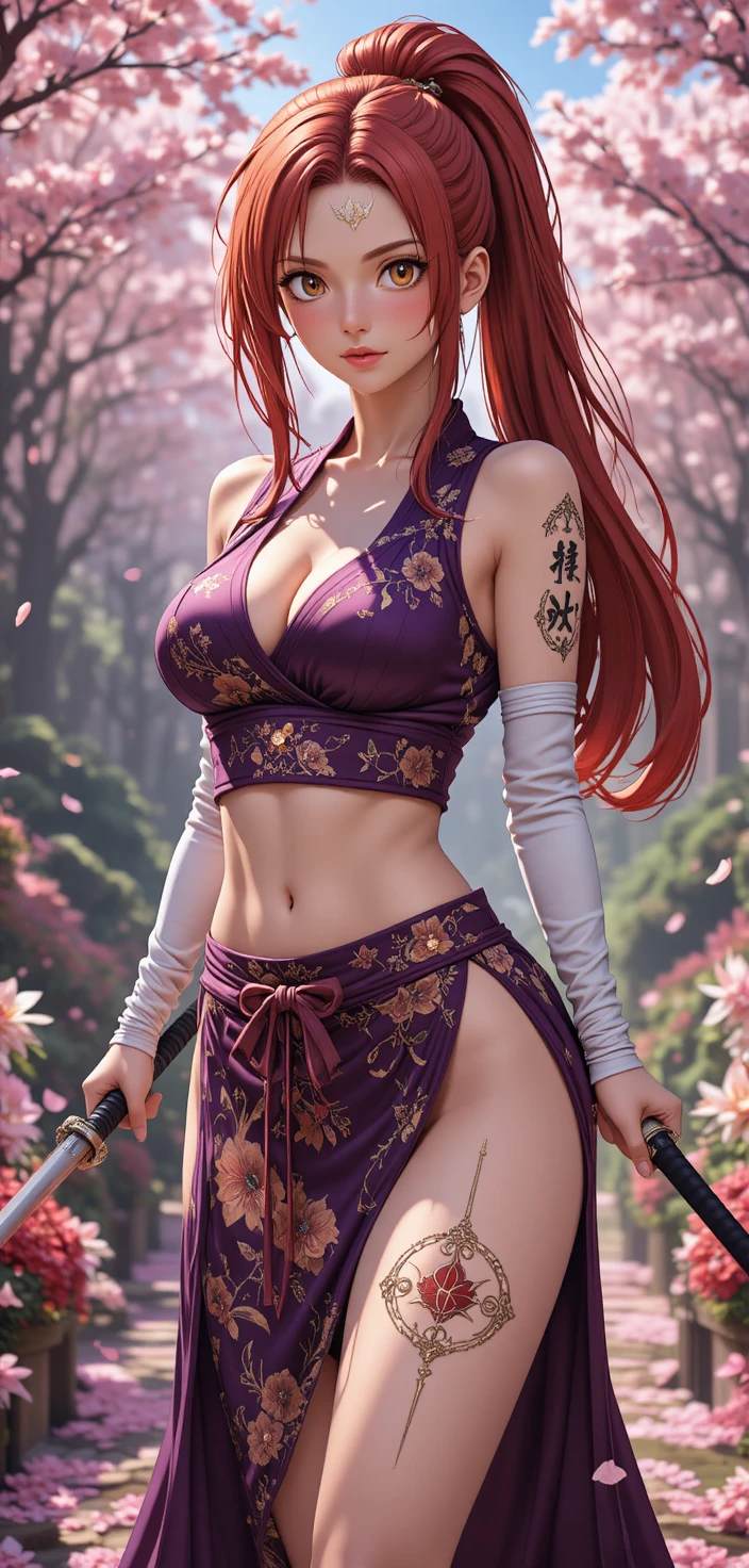 Anime warrior woman with katanas in a floral garden