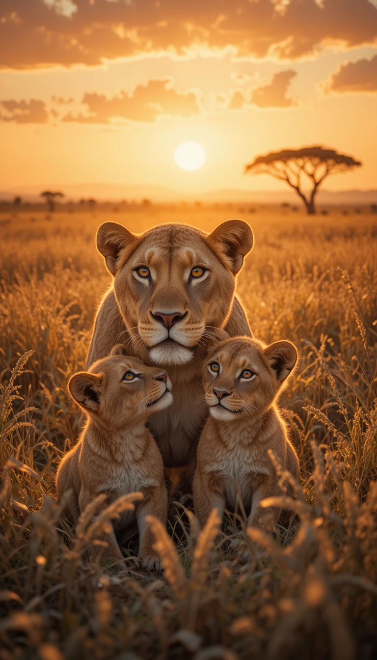 Leonessa con due cuccioli nella luce dorata della savana