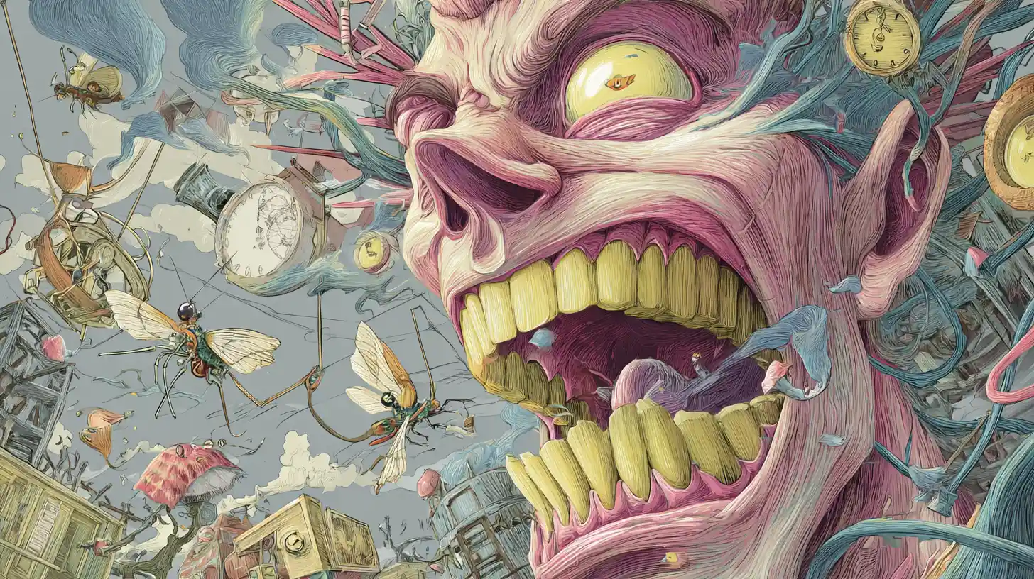 Rostro humano surreal y distorsionado con insectos mecánicos y humo