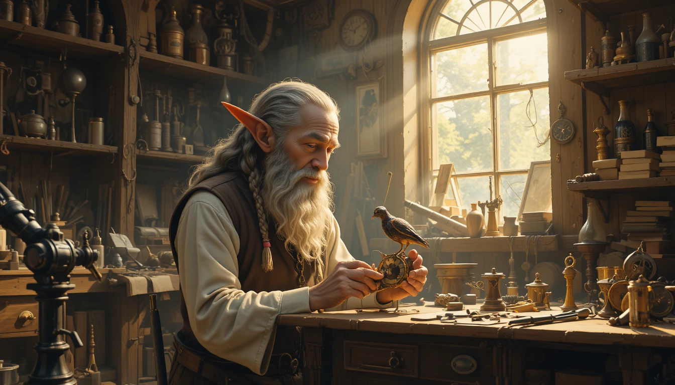 Elderly elf artisan crafting a tiny clockwork bird