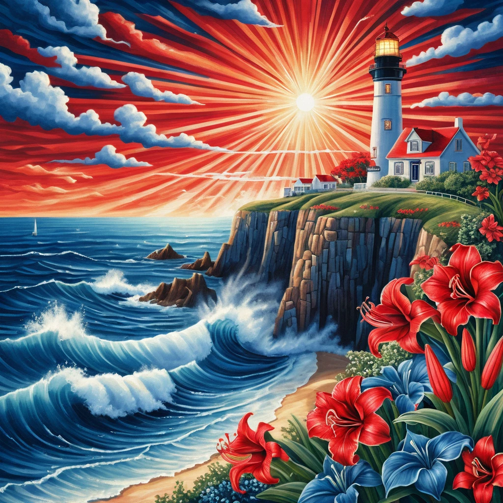 Paesaggio Onirico Surreale con Faro su Onde Estive