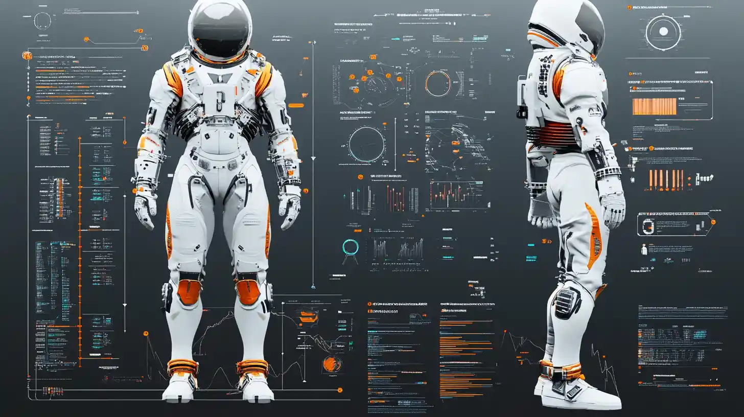 Futuristisches weißes Raumanzug-Diagramm mit farbigen technischen Daten