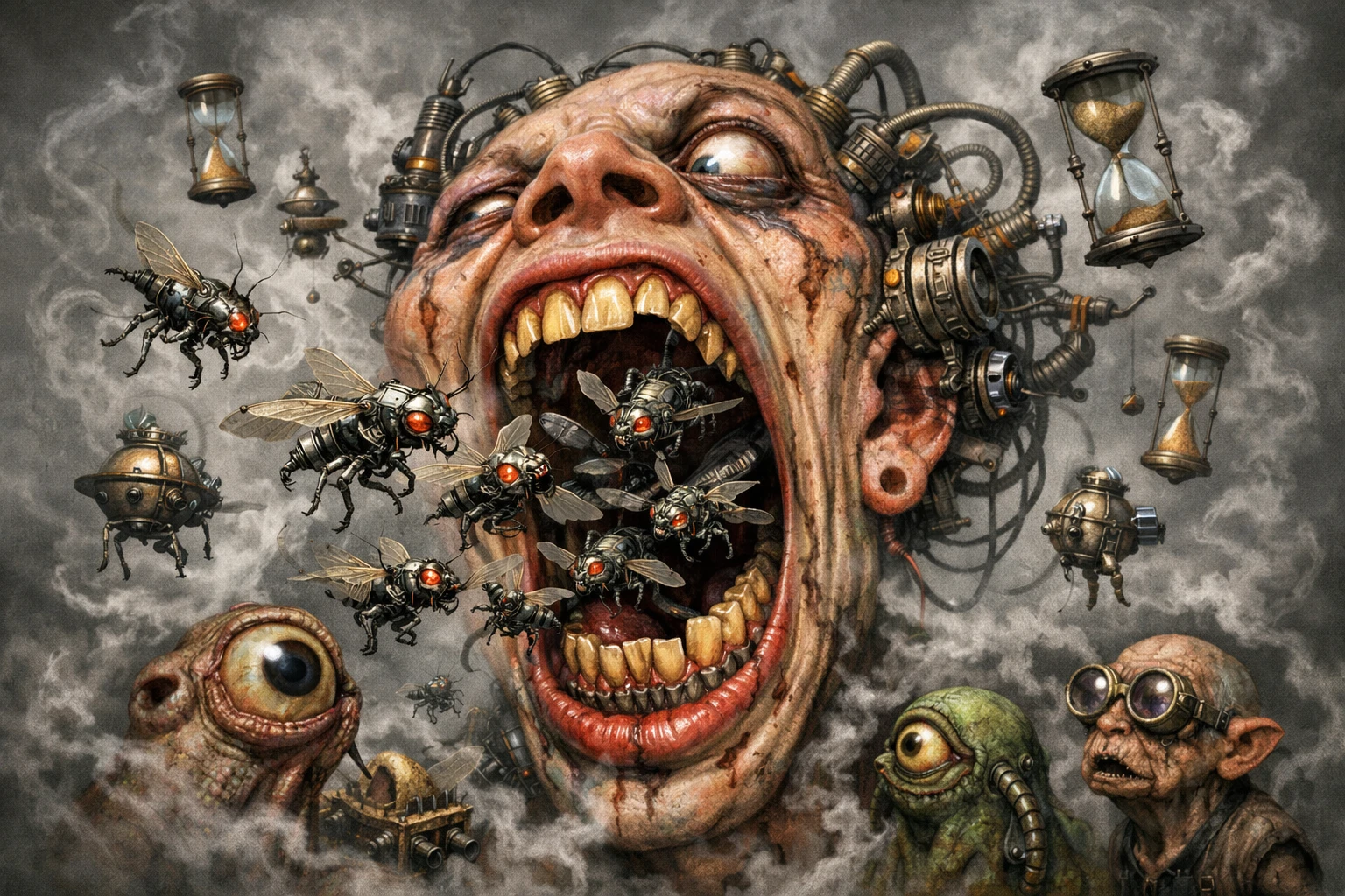 Rostro humano surreal y distorsionado que escupe insectos mecánicos