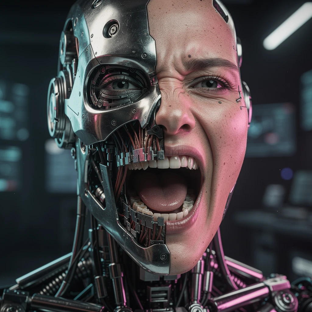 Gros plan cinématographique d’un androïde hurlant à la mécanique apparente