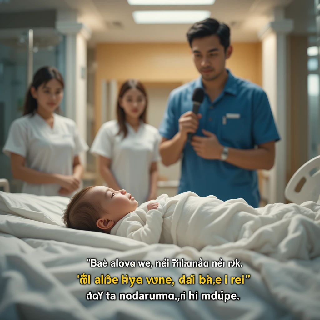 Newborn baby on hospital bed with nurses smiling behind