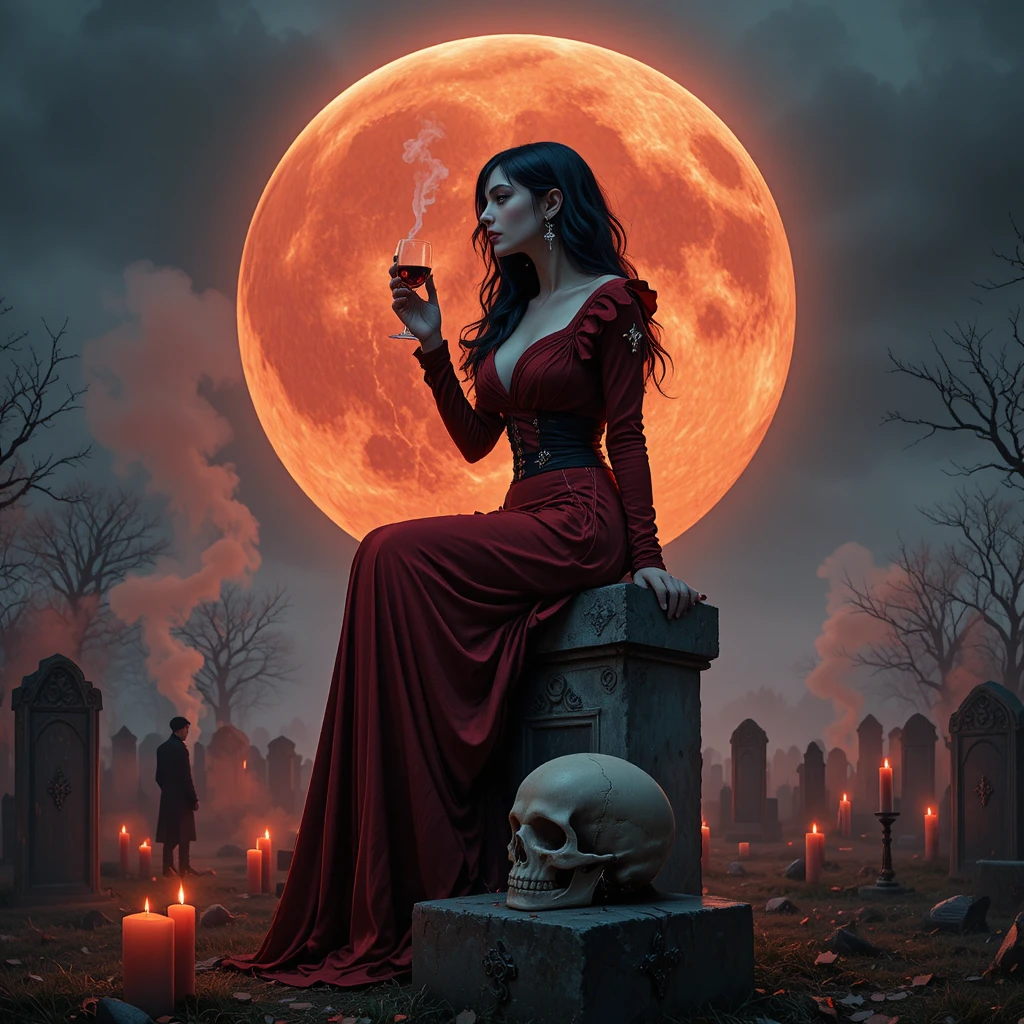 Mujer gótica con vestido rojo sobre una tumba bajo la luna de sangre