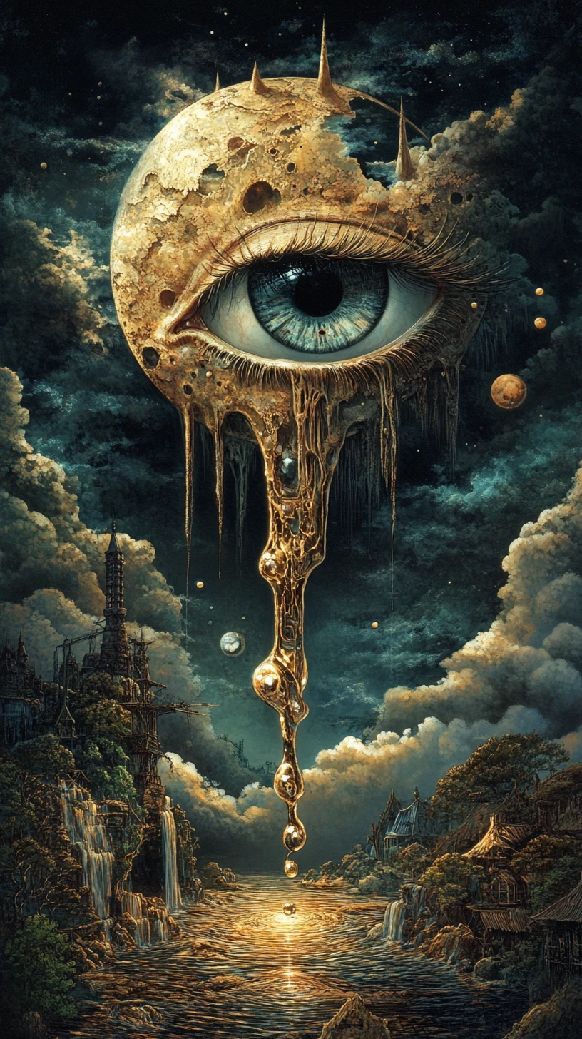 Criatura aquática surreal erguendo-se sobre paisagem gótica sombria