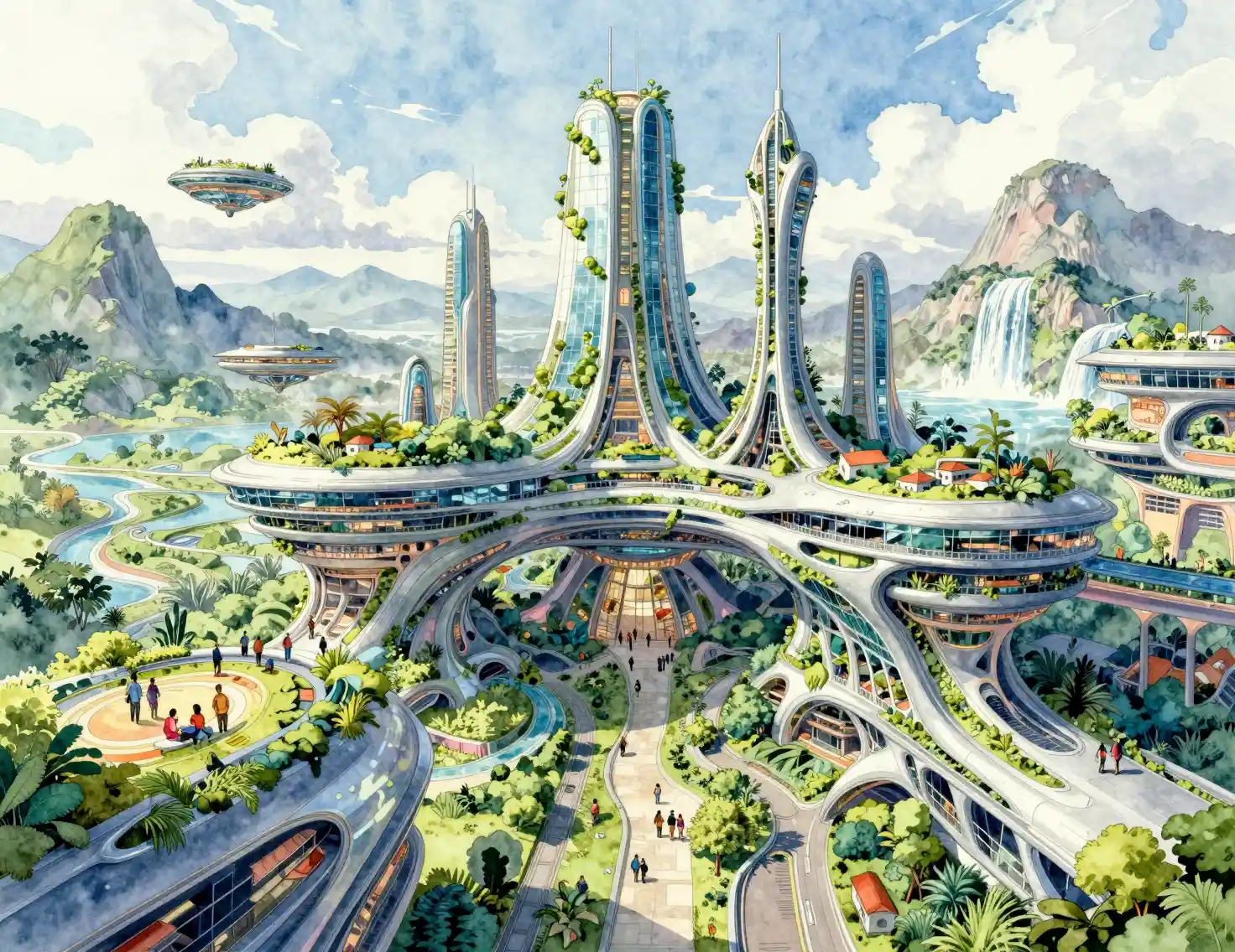 Futuristic Bioarchitectural City In Lush Watercolor Landscape