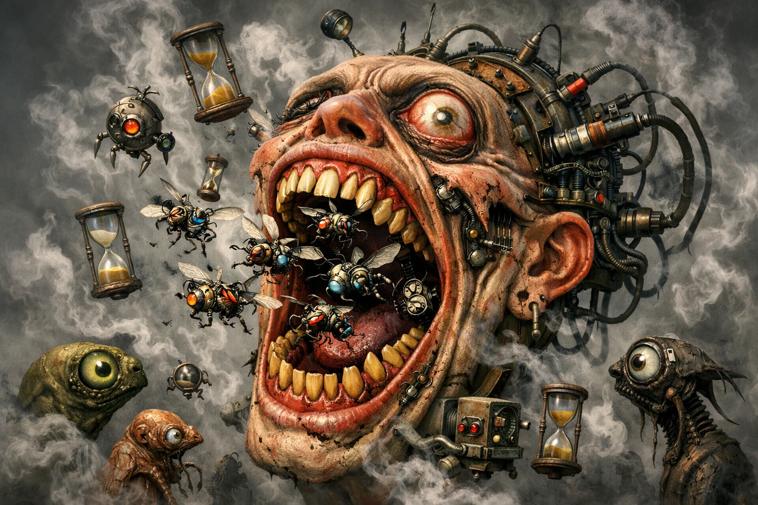 Surreal distorted human face with mechanical insects emerging