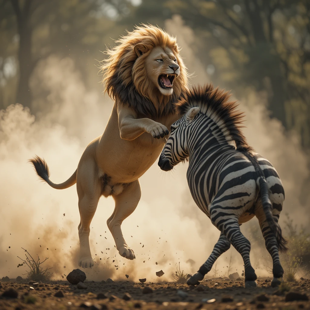 Löwe im Sprung greift Zebra in dramatischer Wildlife-Szene an