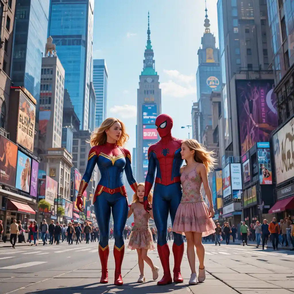 Genitori supereroi che camminano con le figlie a New York