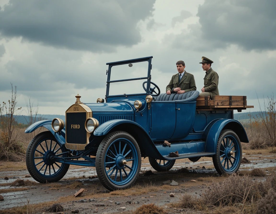 Auto blu d’epoca in stile Ford in profilo da studio pulito