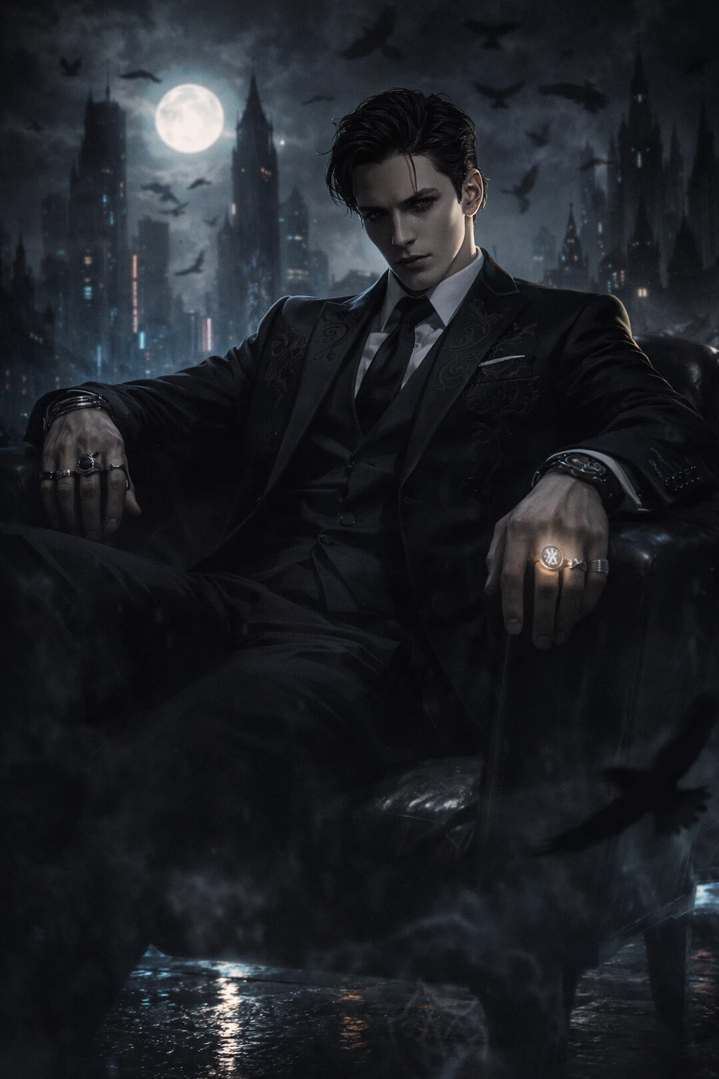 Fantasy mafia boss in a dark gothic neon city