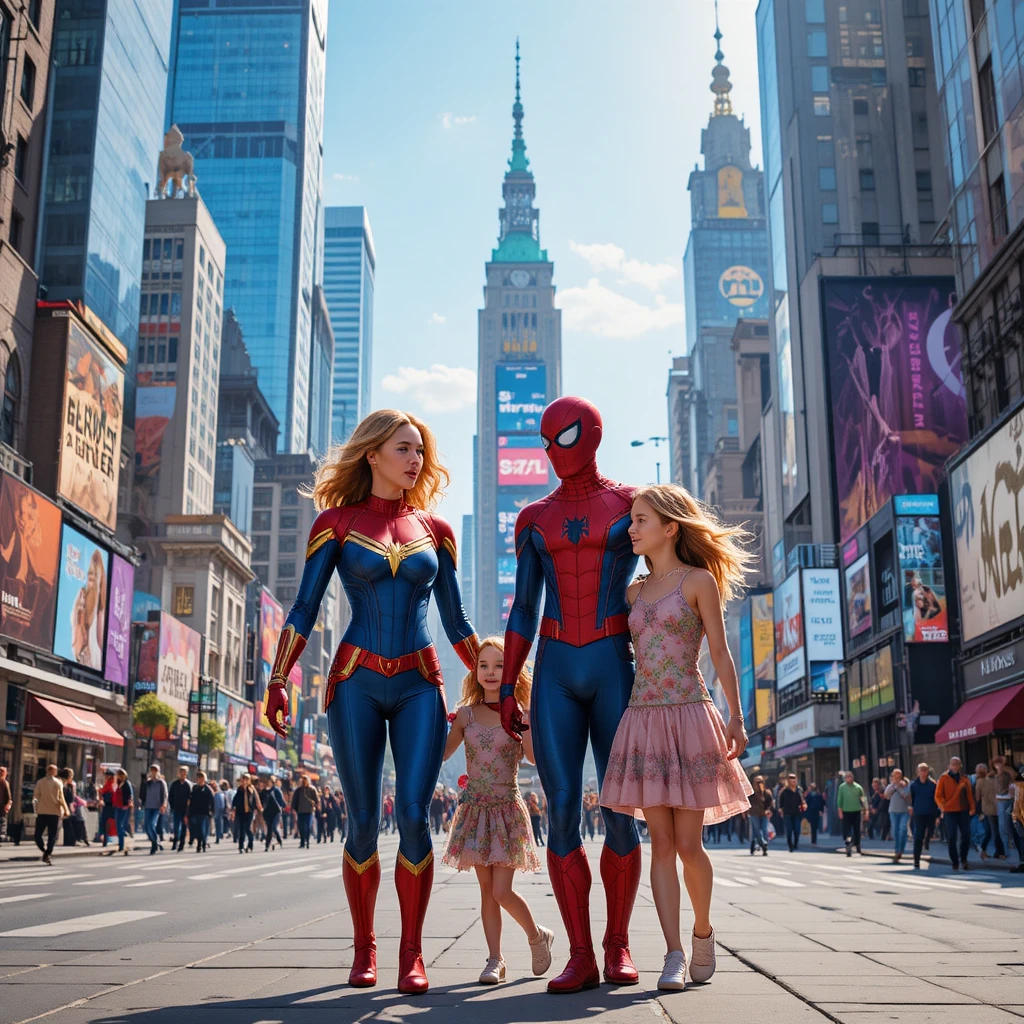 Genitori supereroi che camminano con le figlie a New York
