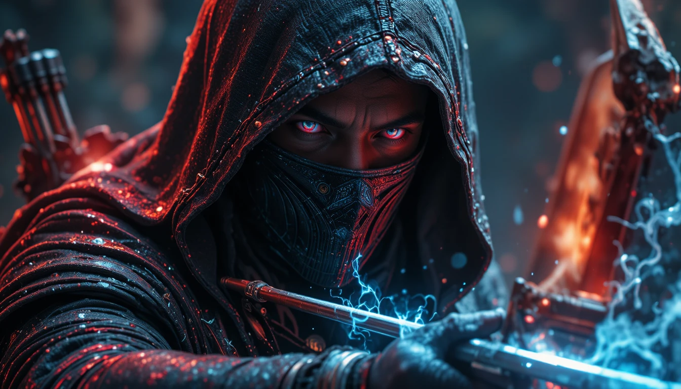 Hooded masked hero with crossbow in vivid fantasy portrait