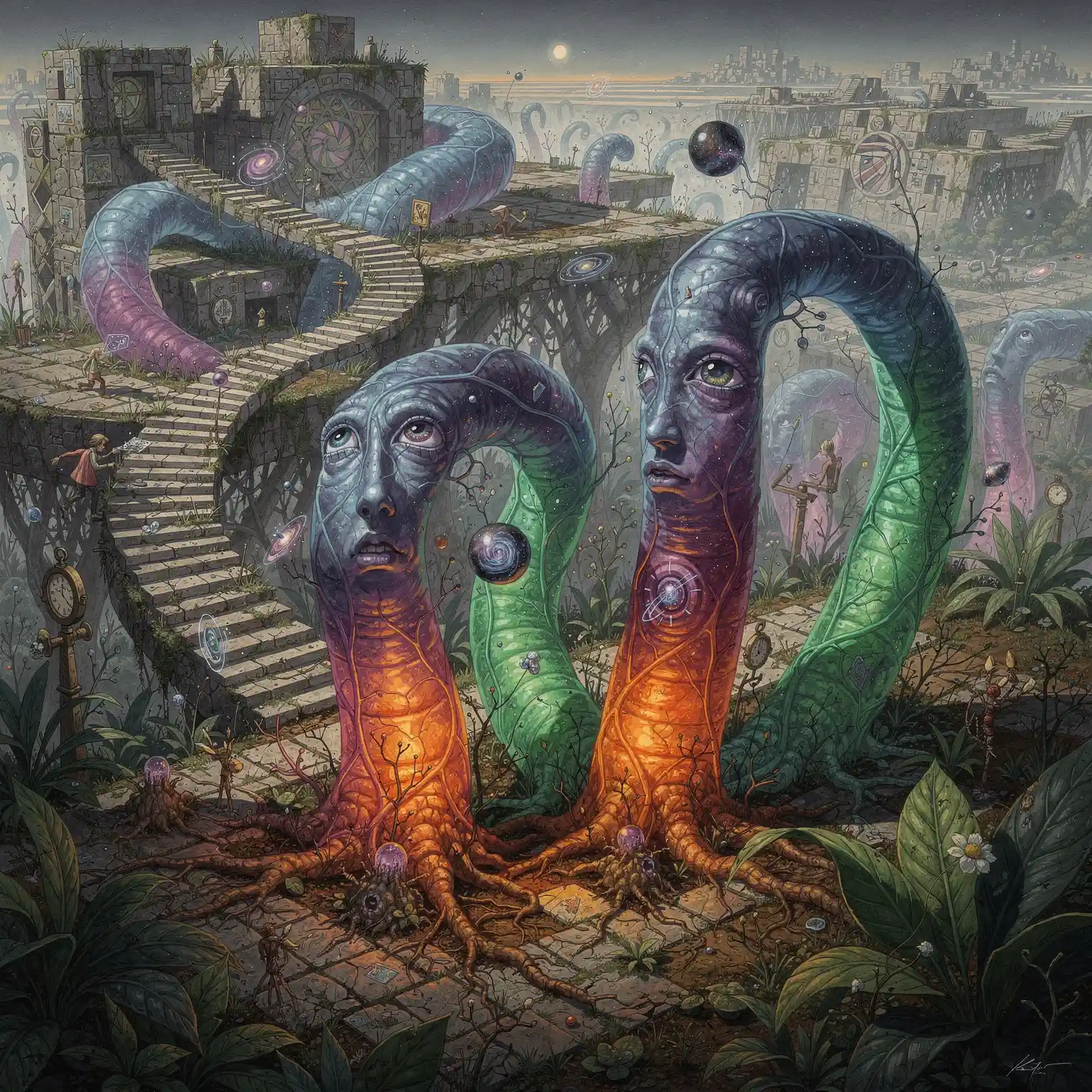 Surreal tubular creatures drifting in a strange abstract void