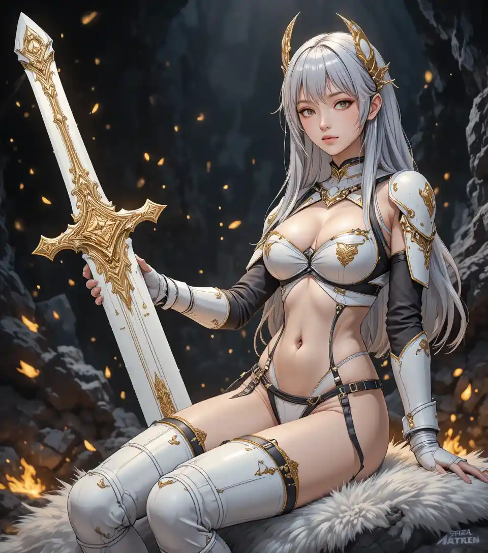 Anime-Walkürenprinzessin mit kolossalem verzierten Buster-Schwert