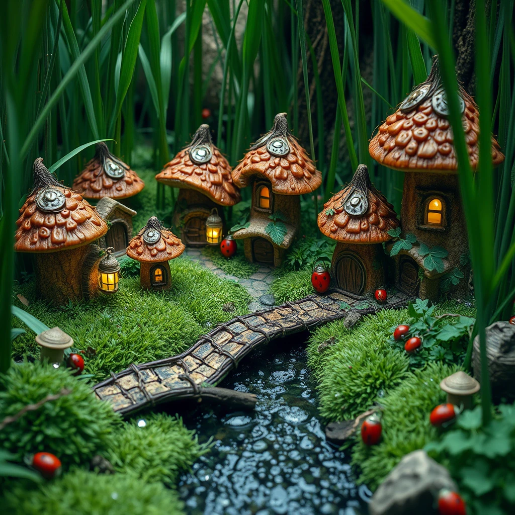 Piccolo Villaggio di Gnomi tra i Funghi sul Pavimento del Bosco