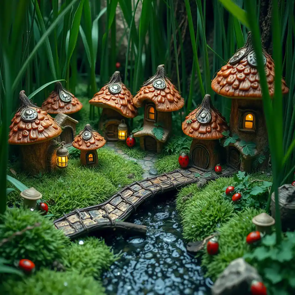 Piccolo Villaggio di Gnomi tra i Funghi sul Pavimento del Bosco