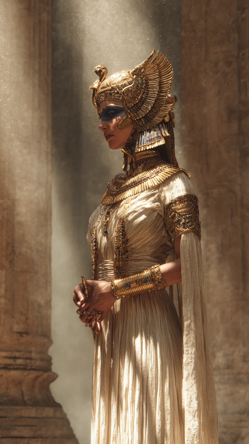 Egyptian queen in ceremonial pose inside sunlit temple hall