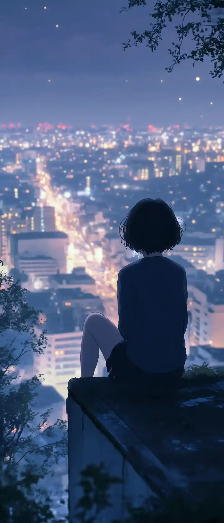 Sad girl sitting alone on an old rooftop at twilight