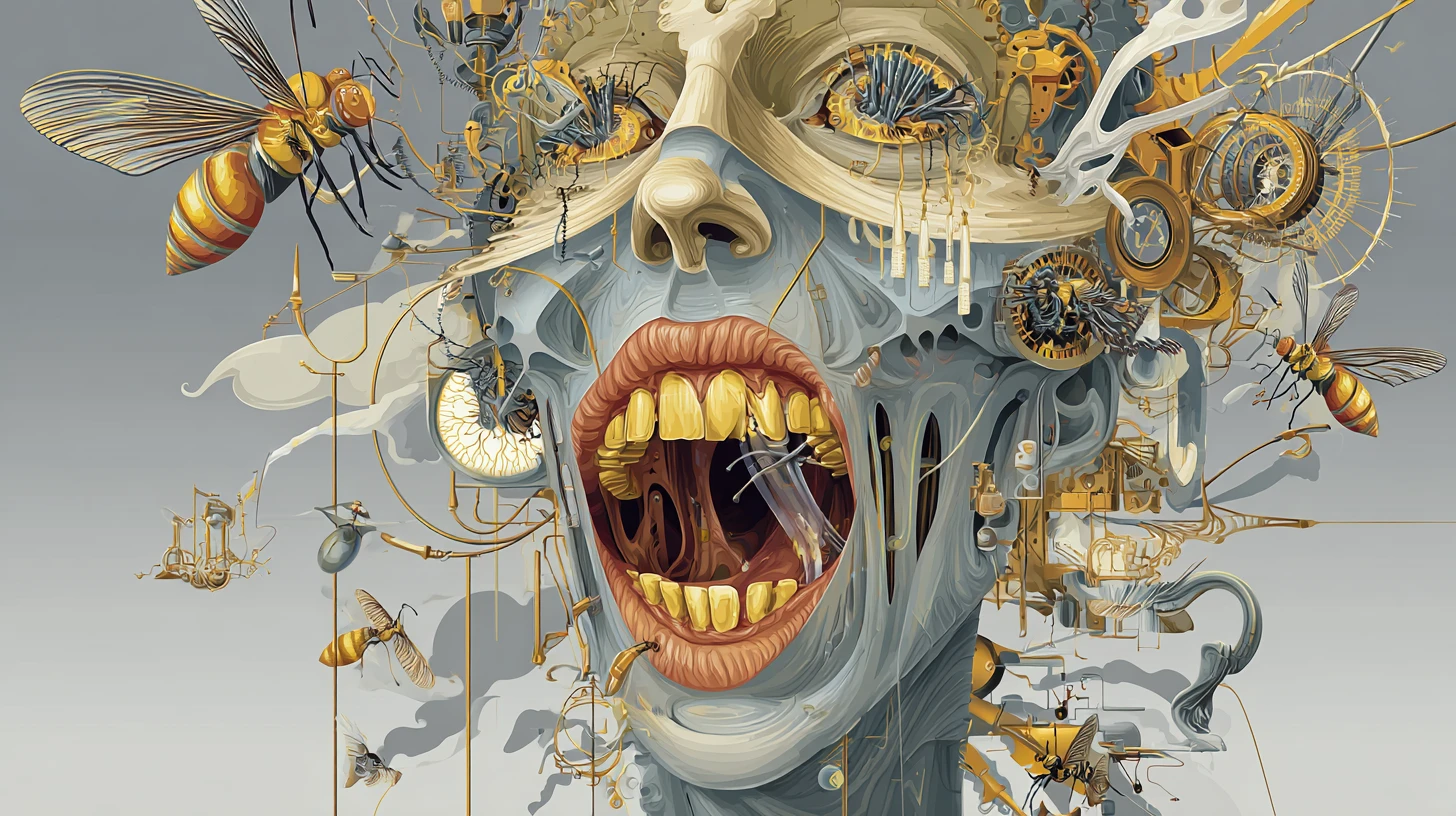 Rostro distorsionado surrealista con insectos mecánicos y objetos flotantes
