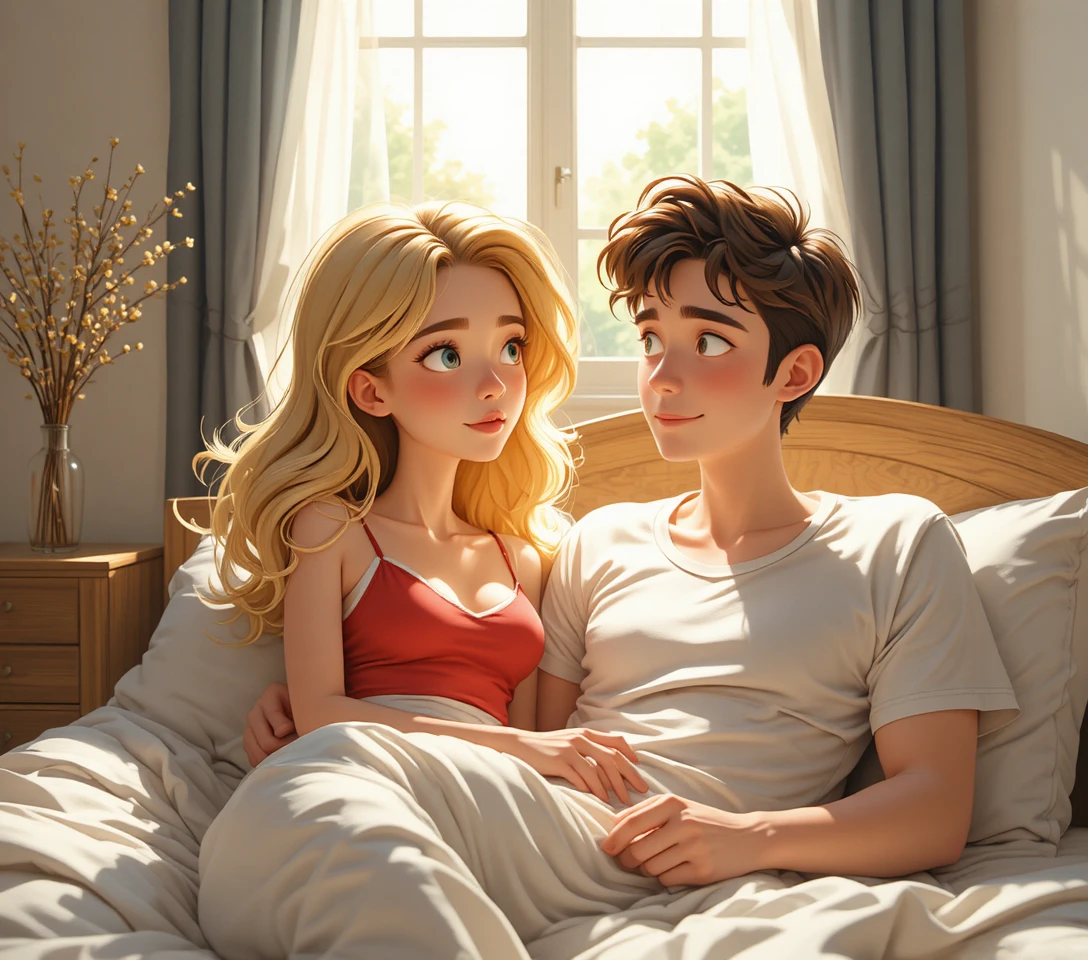 Young couple relaxing together on a sunlit cozy bed
