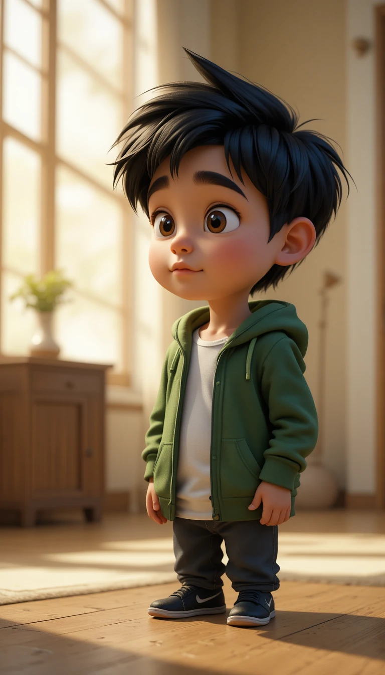 3d cartoon boy in green hoodie in soft golden light