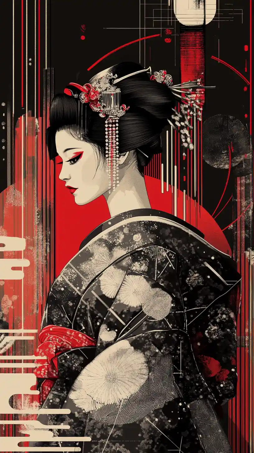 Elegant geisha portrait in bold red and black vector art