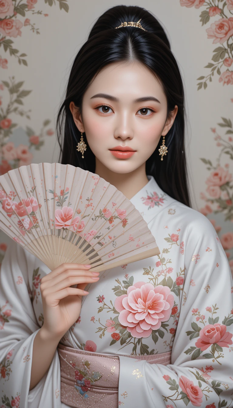 身穿白色花卉和服、手持扇子的優雅動漫女子