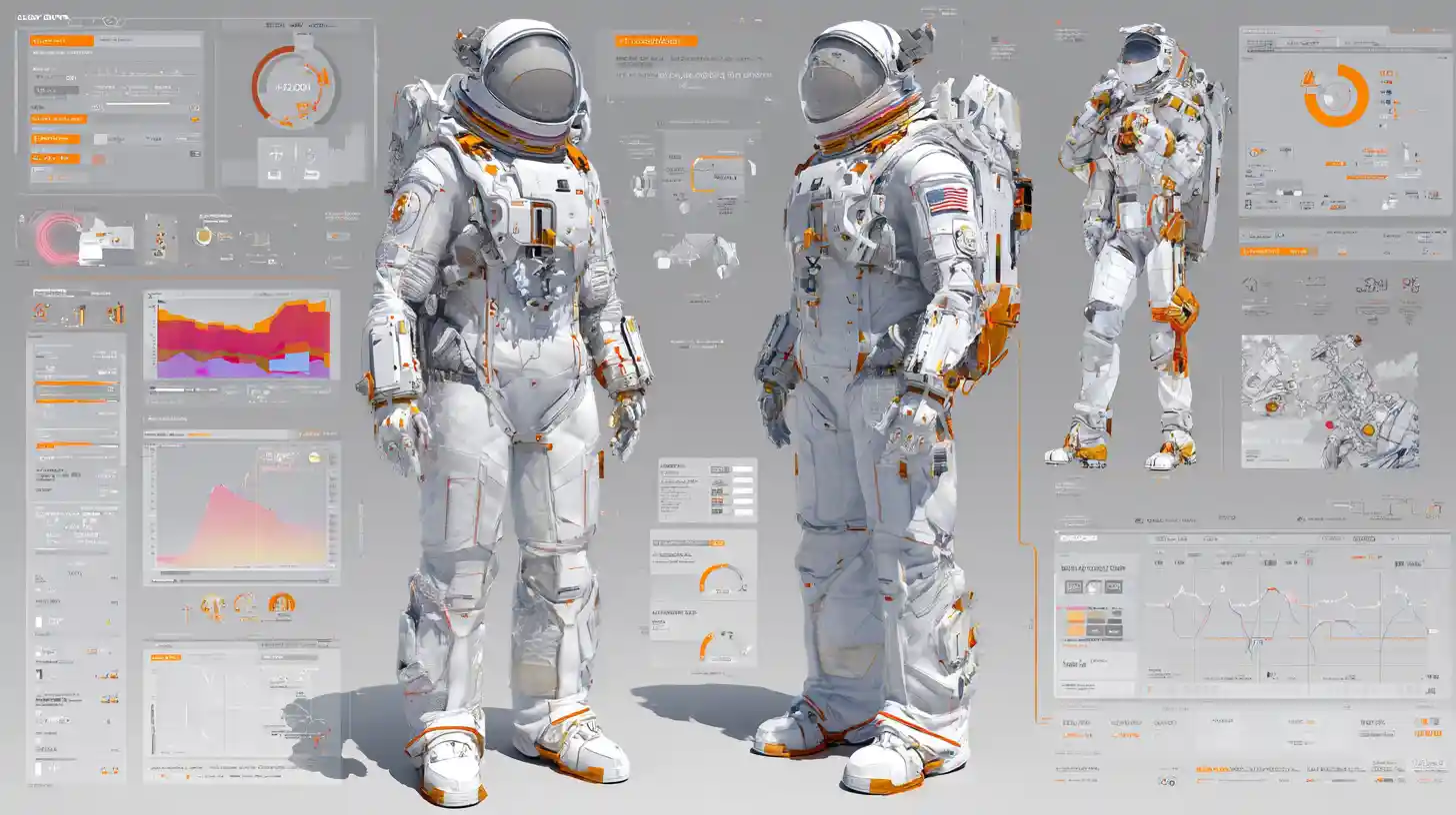 Tuta spaziale bianca futuristica in layout di diagramma di ingegneria 3D