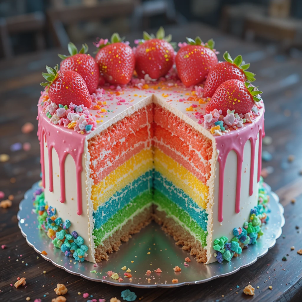 Torta alla vaniglia colorata con dettagli di cioccolato e fragola