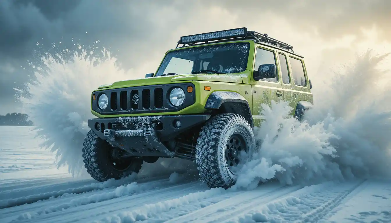 SUV todoterreno verde corriendo sobre un campo de nieve helado