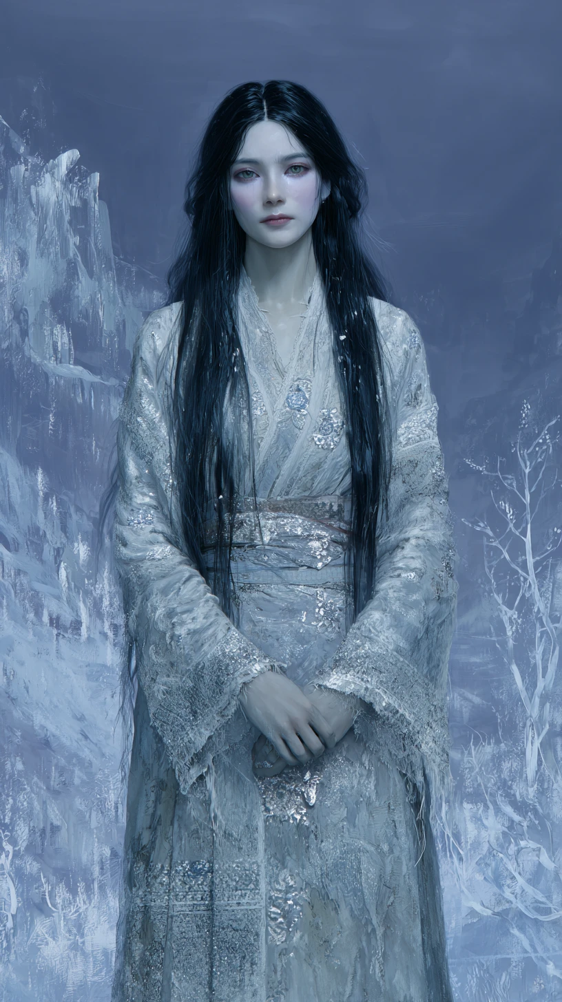 Ghostly Yakutian girl in a moonlit snowy forest