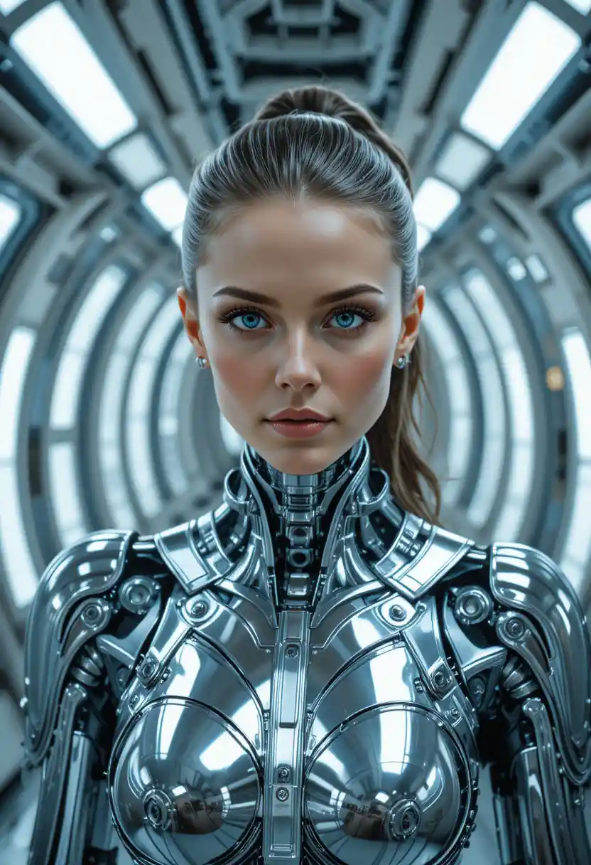 Cyborg femminile che cammina in un corridoio futuristico di astronave