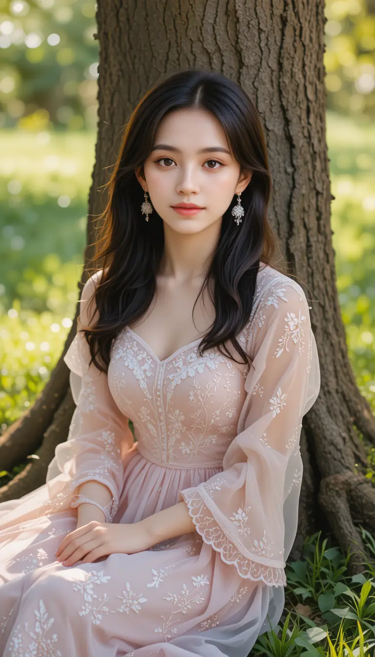 Young woman in pink dress resting under a tree