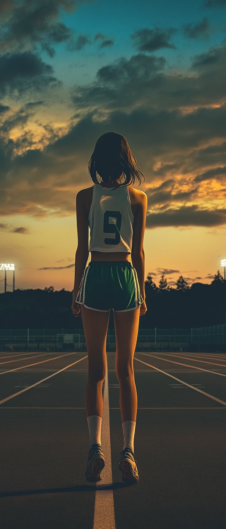 Teen girl at sunrise on an empty stadium starting line