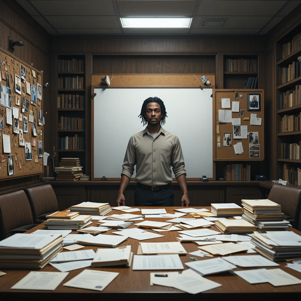 Black investigator studying evidence in a cinematic office scene