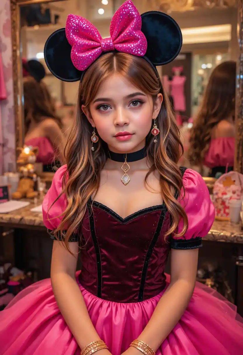 Tween boy in pink minnie dress at boutique vanity