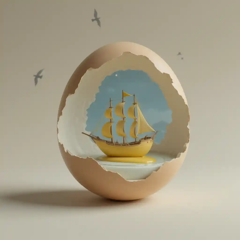 Surreal miniature world inside a cracked eggshell