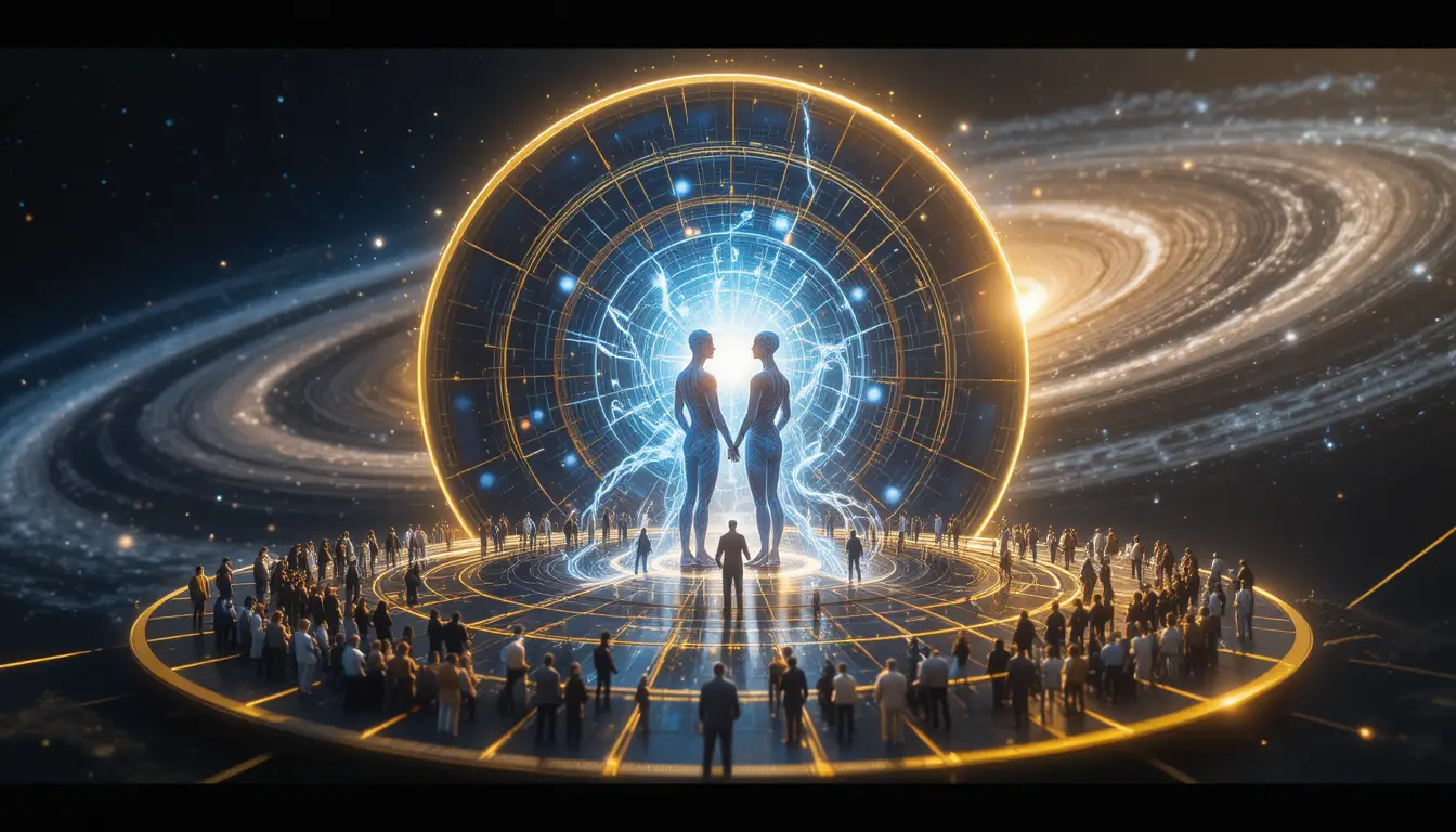 Human and AI figures sharing a glowing sphere of knowledge