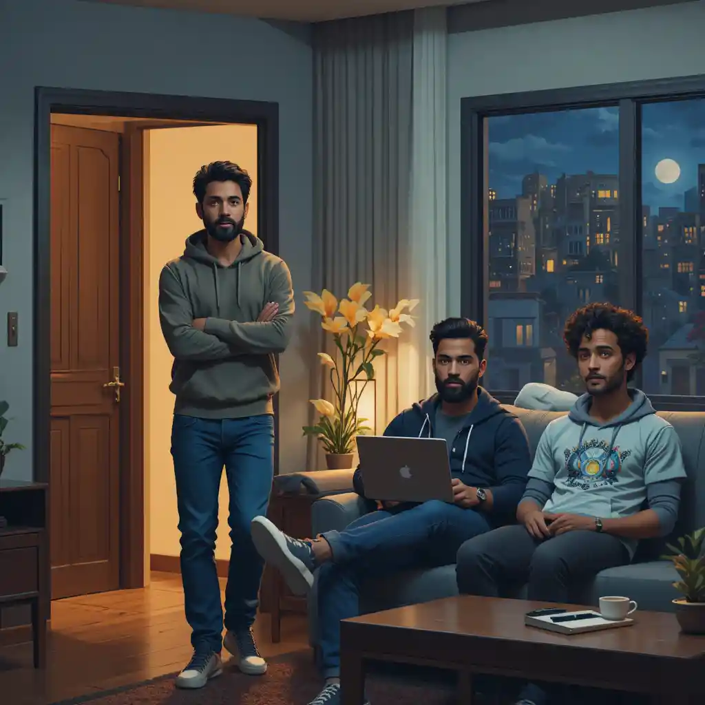 Four friends gather in a 3D pixel art living room