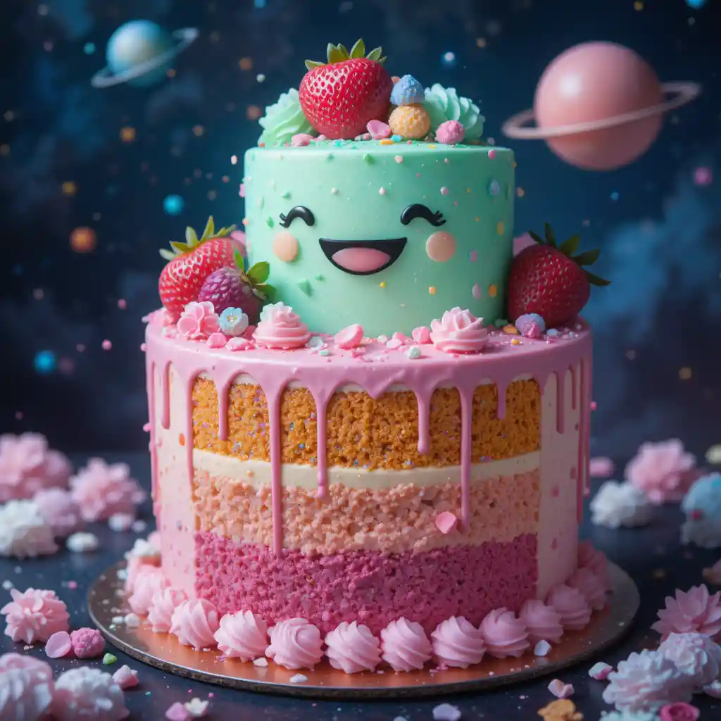 Torta alla vaniglia sorridente con colori arcobaleno nello spazio