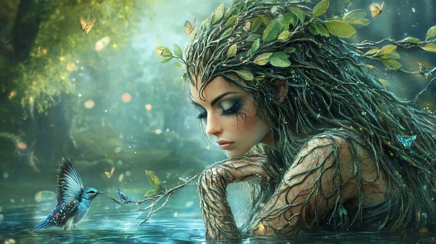 Fantasy willow woman by a tranquil reflective pond