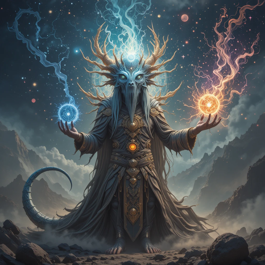 Cosmic being commanding time and space with axolotl companion