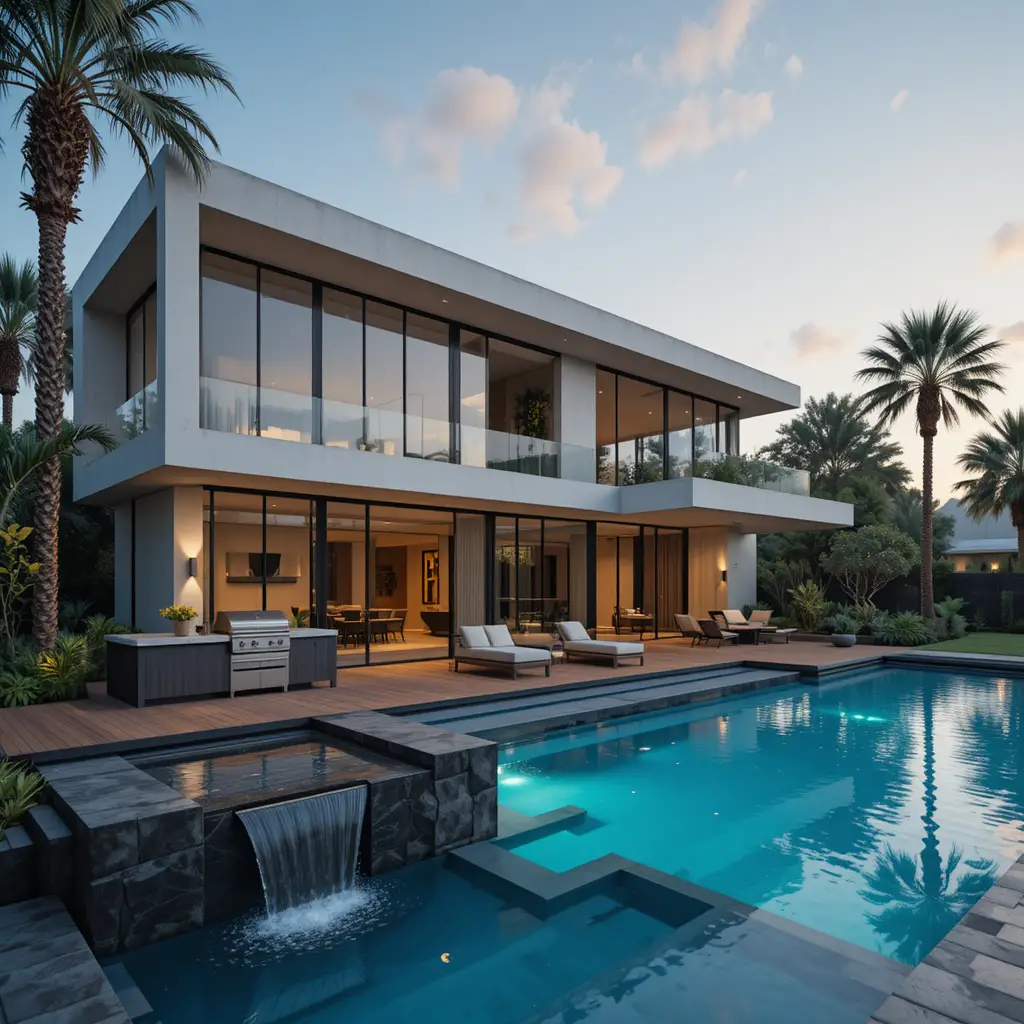 Maison moderne de luxe avec piscine au coucher de soleil tropical