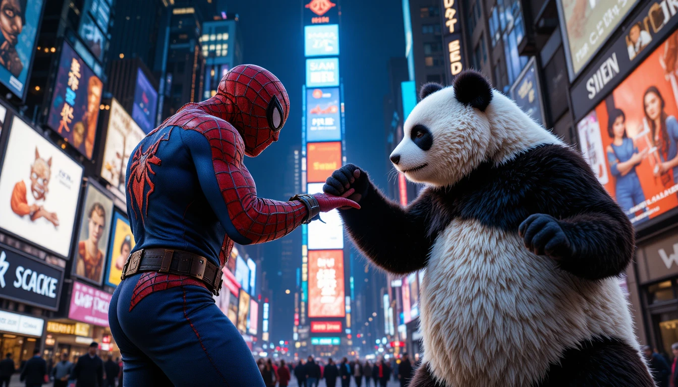 Kung fu panda facing Spider Man in Times Square