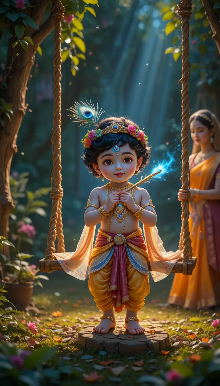 Bebê Krishna com flauta e pena de pavão no jardim