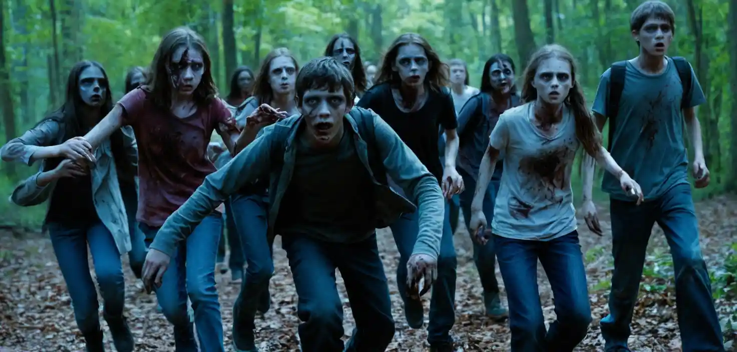 Adolescentes aterrados huyen de una horda de zombis que los persigue