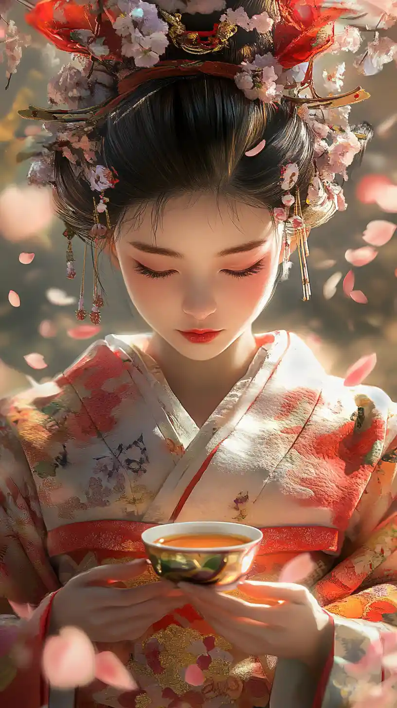Melancholic Japanese girl in kimono with falling cherry blossoms